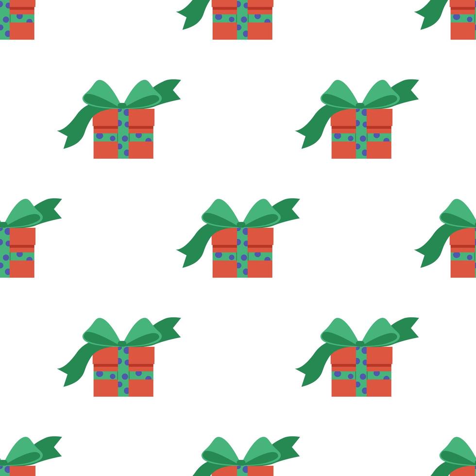 Seamless pattern of gifts in red boxes with green ribbon. Surprise with a beautiful bow. vector