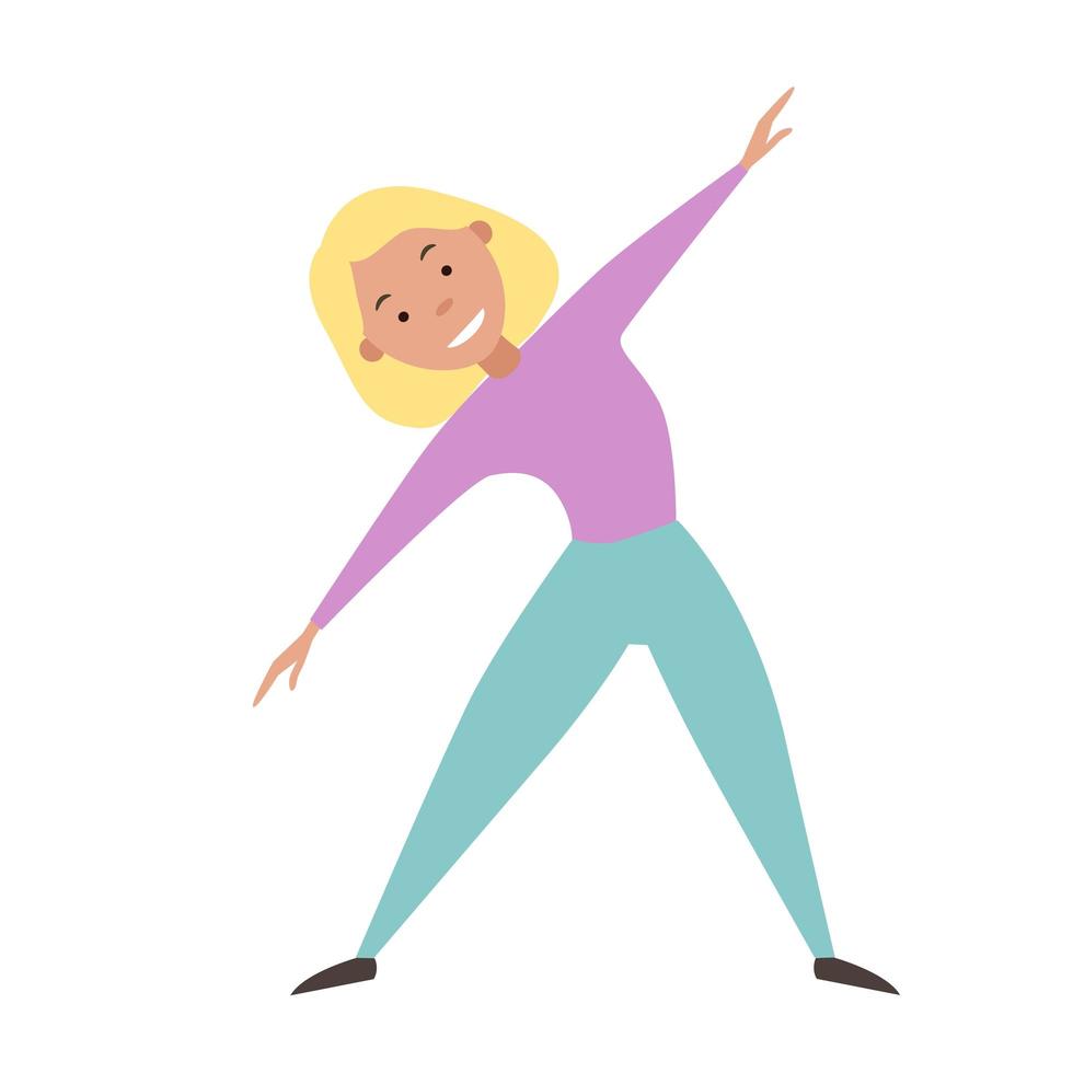 The girl stands on her feet and leans to the sides with straight arms. Exercises for the back. Vector illustration on a white background.