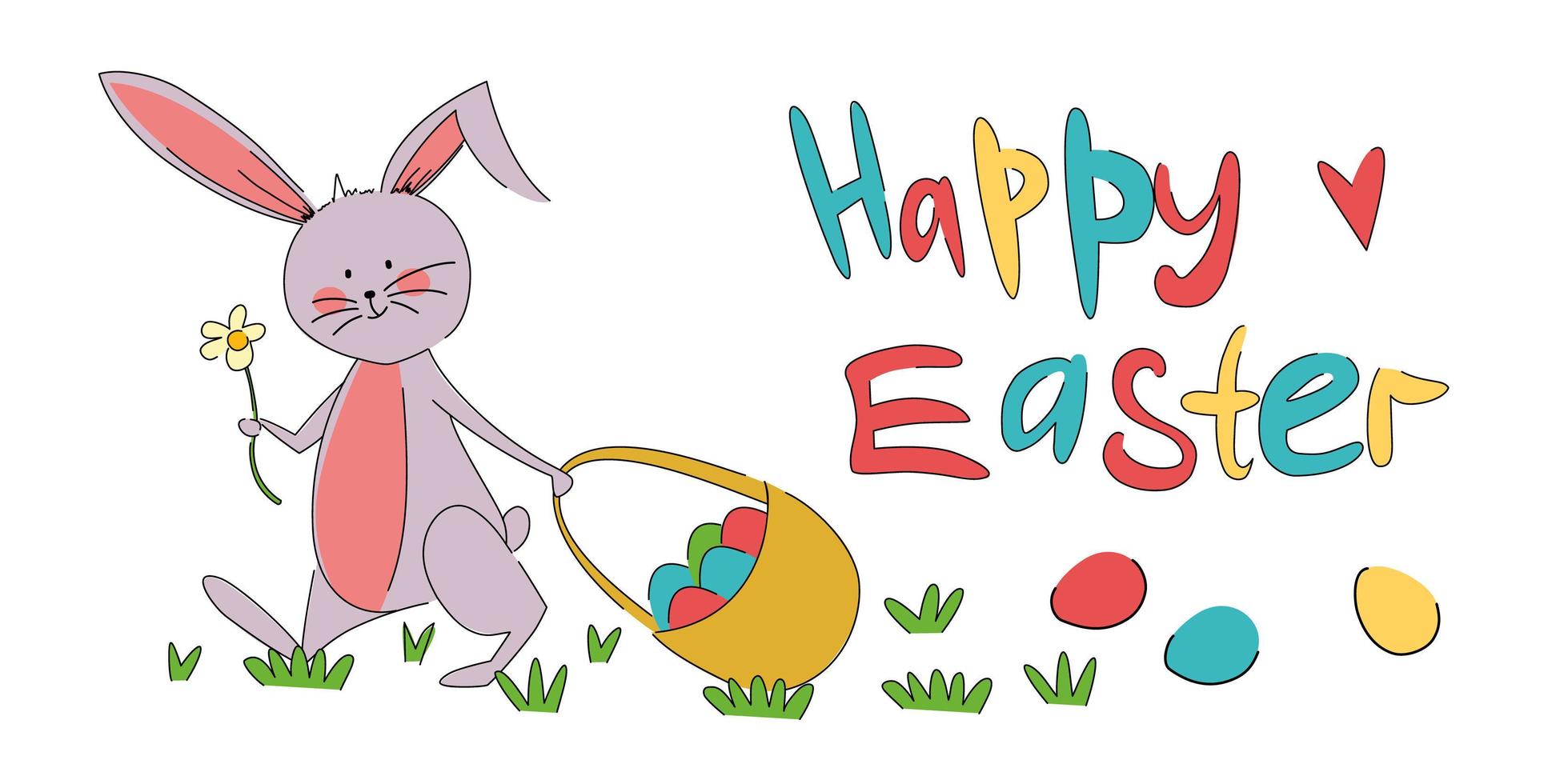 Happy Easter greeting card. A rabbit with a basket of colorful eggs is walking through the clearing. vector