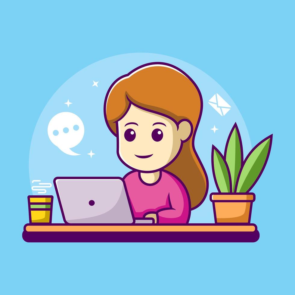 Woman working on laptop illustration. work from home cartoon character vector