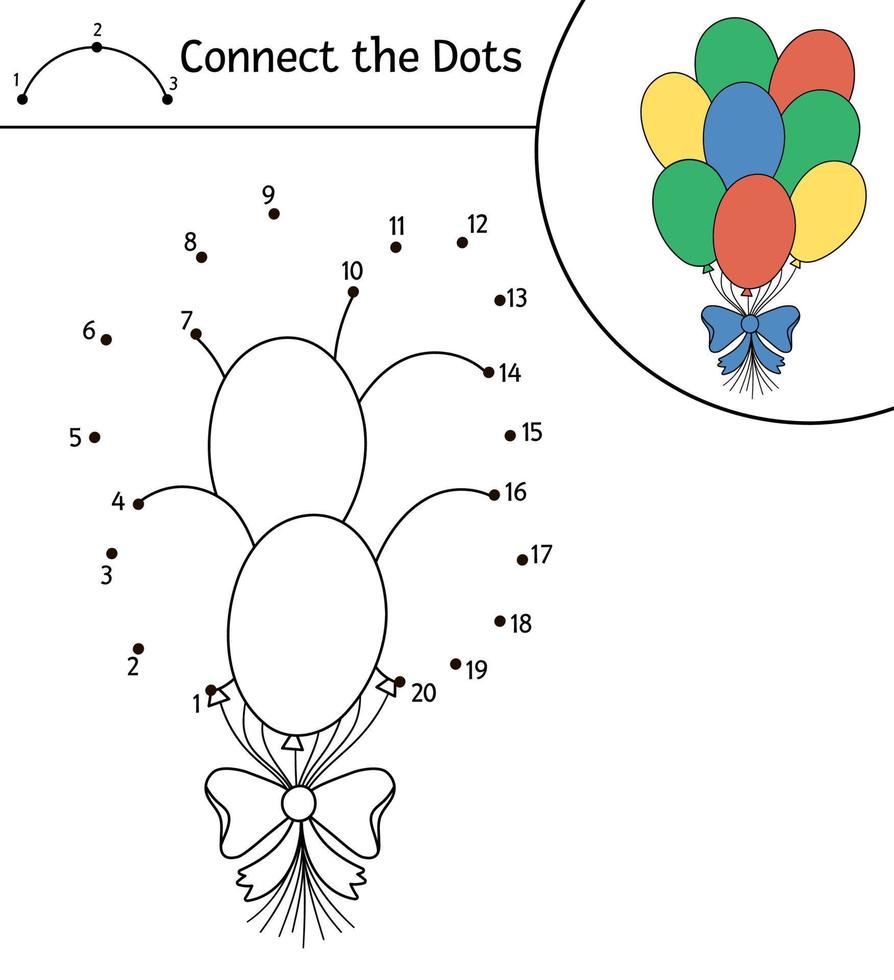 Vector Birthday dot-to-dot and color activity with cute bunch of balloons. Holiday party connect the dots game for children. Funny coloring page for kids with traditional anniversary symbol.