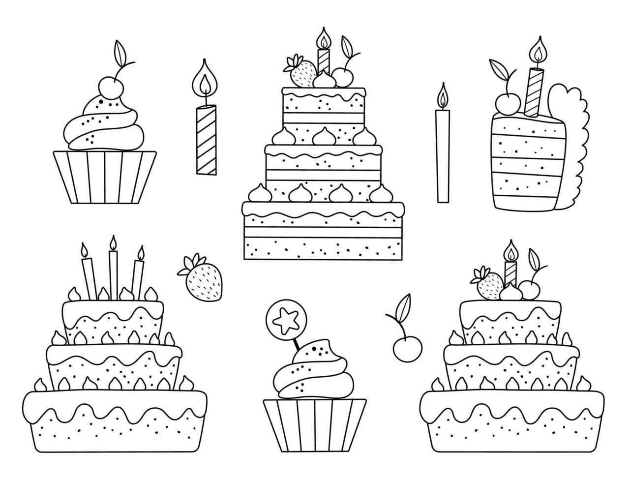 conjunto vectorial en blanco y negro con pasteles de cumpleaños, velas y pastelitos. linda comida de contorno o elementos de barra de caramelo. divertida ilustración de postre para tarjeta, afiche, diseño de impresión. iconos de línea de vacaciones. vector