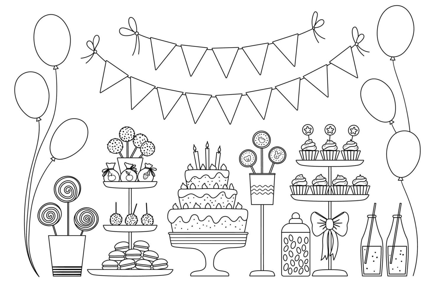 barra de caramelo vectorial en blanco y negro. linda comida de cumpleaños con pastel, velas, cupcakes, cake pops, gominolas, banderas. divertida ilustración de postre para tarjeta, afiche, diseño de impresión. iconos de línea de vacaciones. vector