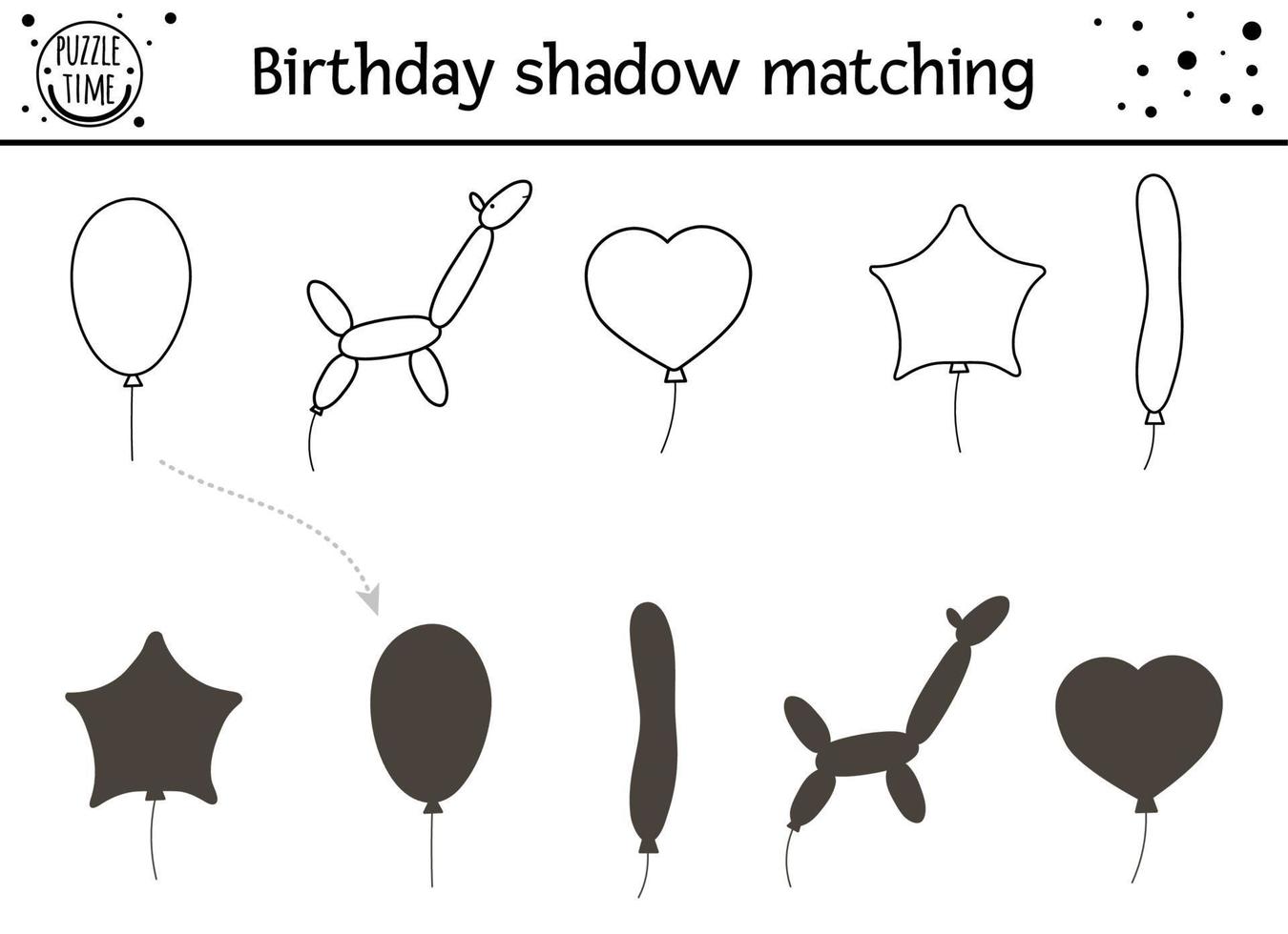 Birthday black and white shadow matching activity for children. Fun outline puzzle with cute balloons of different shapes. Holiday line celebration educational game for kids vector