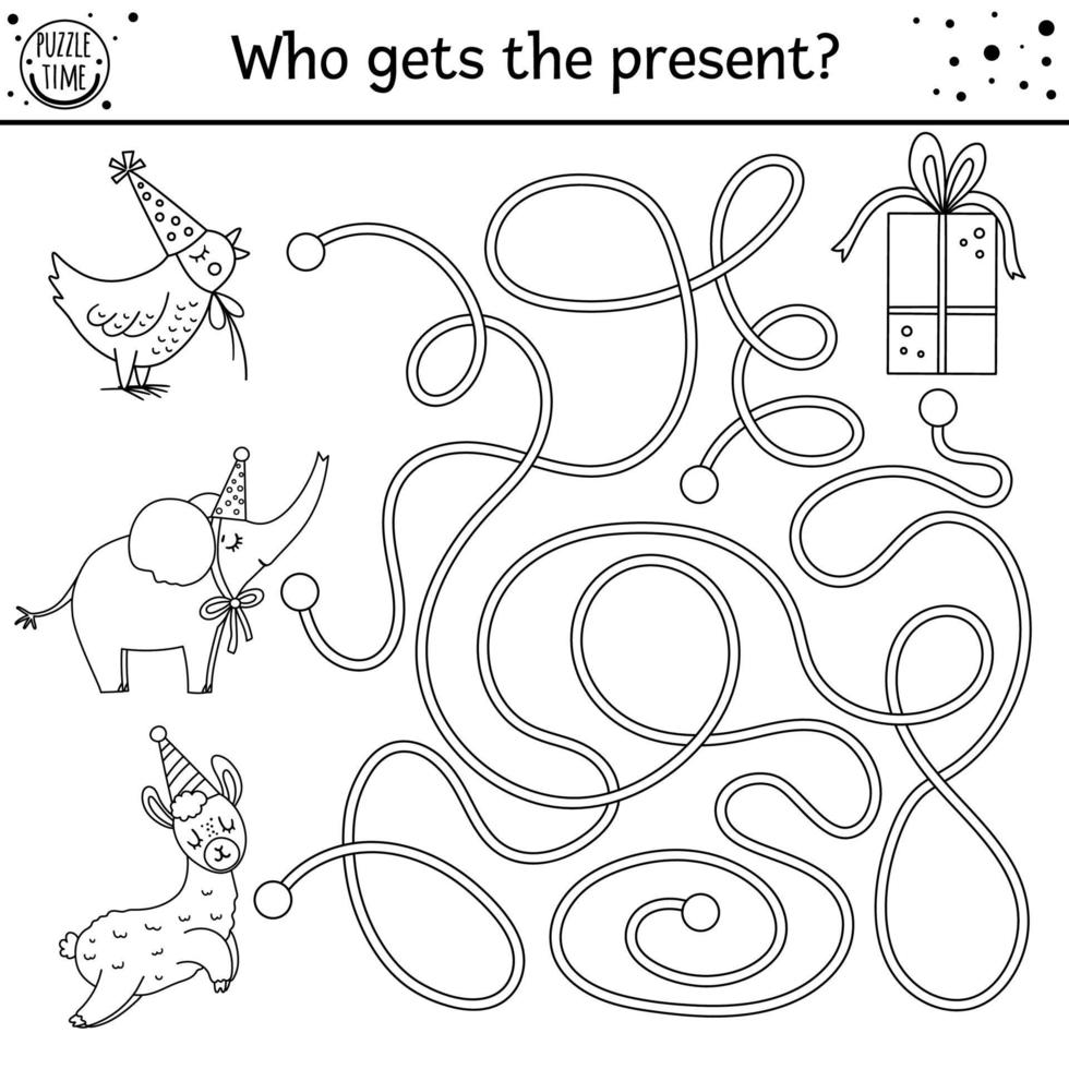 Birthday black and white maze for children. Holiday outline preschool printable educational activity. Funny line b-day party game or puzzle with cute animals and gift box. Who gets the present vector