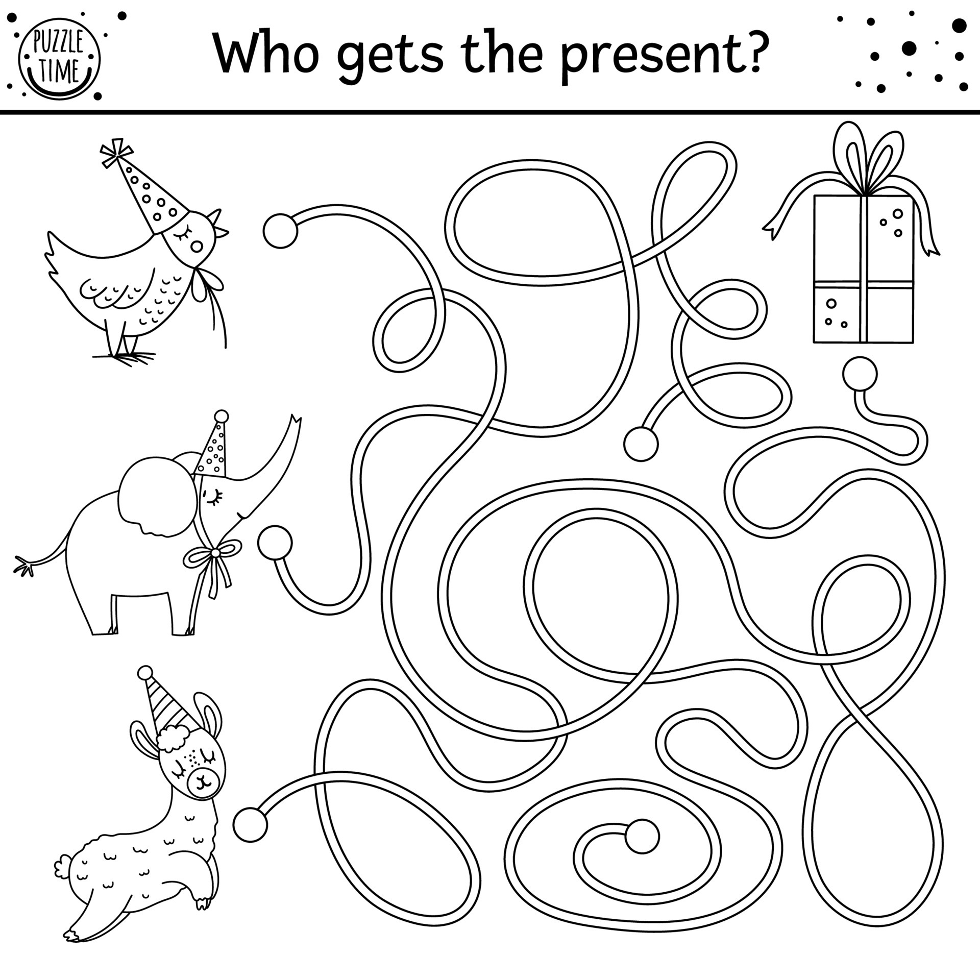 Birthday black and white maze for children. Holiday outline preschool
