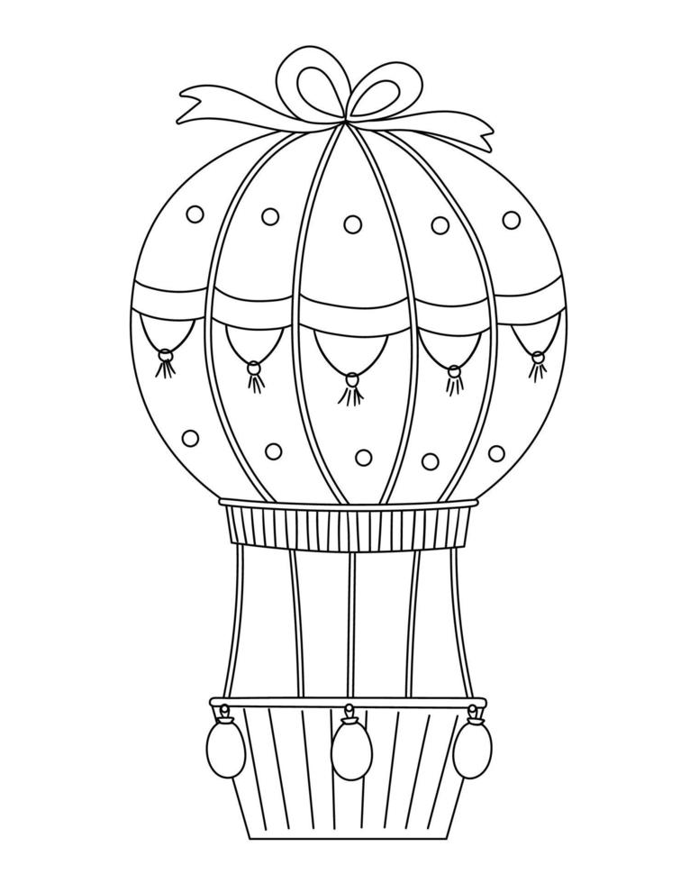 Vector cute black and white hot air balloon. Funny birthday holiday illustration for kids. Cheerful celebration line icon