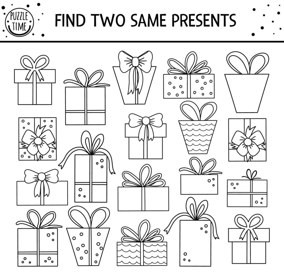 Find two same presents. Holiday matching activity for children. Funny educational Birthday party logical quiz worksheet for kids. Simple printable celebration game with cute giftFind two same presents vector