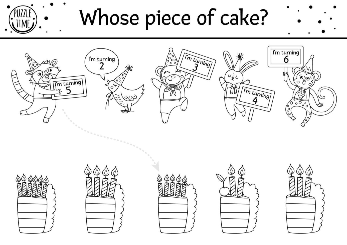 Birthday black and white matching activity for children. Fun outline puzzle with cute animals in party hats and cakes with candles. Holiday line game, printable worksheet for kids. How old are they vector