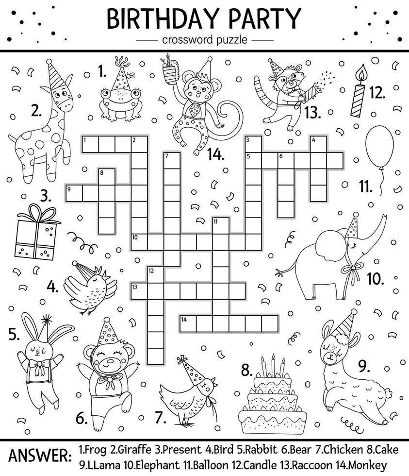 Vector black and white Birthday party crossword puzzle for kids. Simple outline quiz with holiday objects and animals for children. Educational line activity with traditional celebration elements