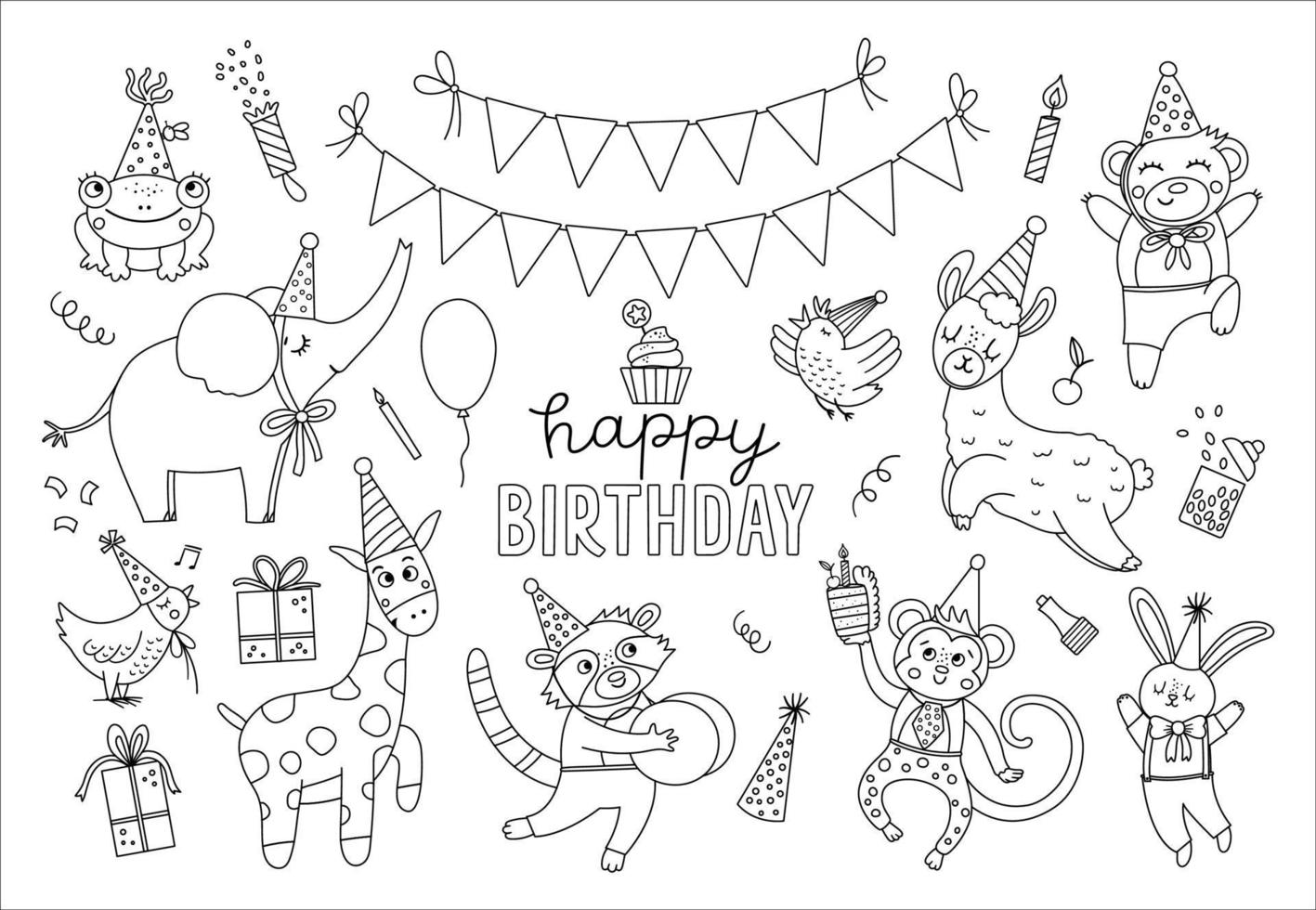 Set of cute black and white animals in party hats. Birthday party celebration clipart collection. Vector outline holiday pack with bright present, cake with candles. Happy anniversary line icons