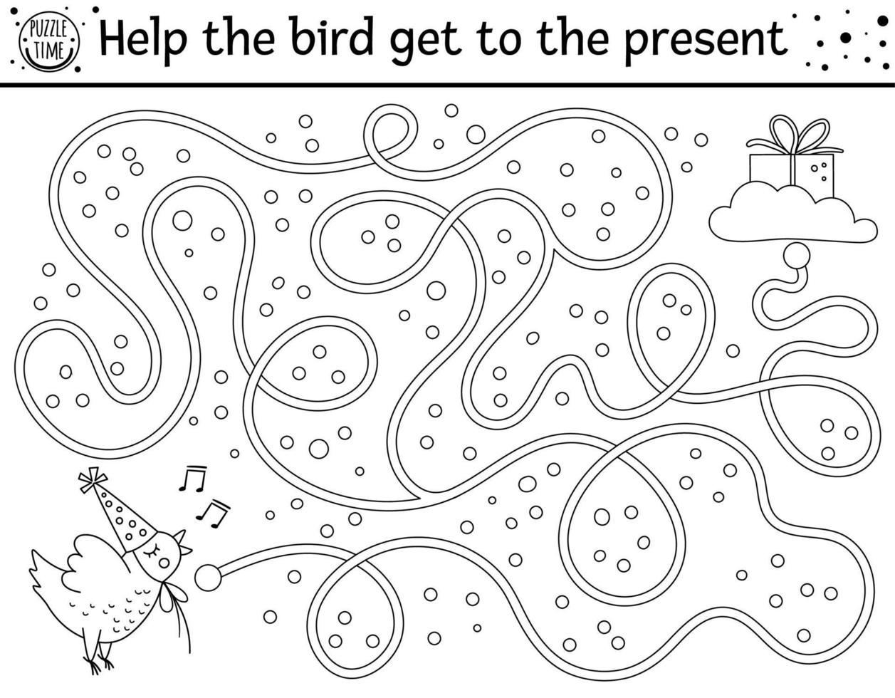 Birthday black and white maze for children. Holiday outline preschool printable educational activity. Funny line b-day party game or puzzle with cute chicken. Help the bird get to the present vector