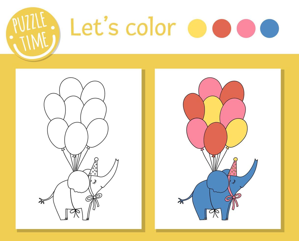 Birthday coloring page for children. Funny elephant in party hat flying on bunch of balloons. Vector holiday outline illustration with cute animal. Party color book for kids with colored example