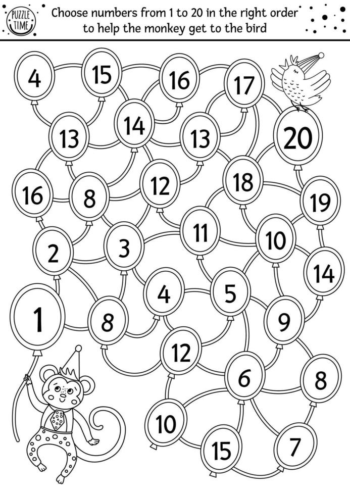 Birthday black and white counting maze for children. Holiday outline preschool printable educational activity. Funny line party game or math puzzle with cute monkey and air balloons. vector