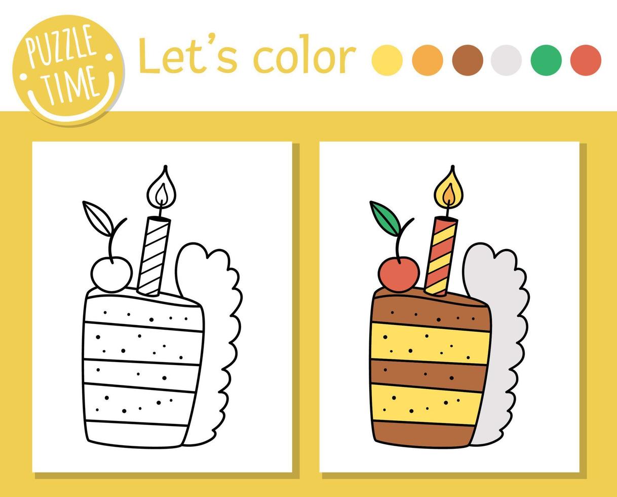 Birthday coloring page for children. Funny piece of cake with candle and cherry on top. Vector holiday outline illustration with cute dessert. Party color book for kids with colored example