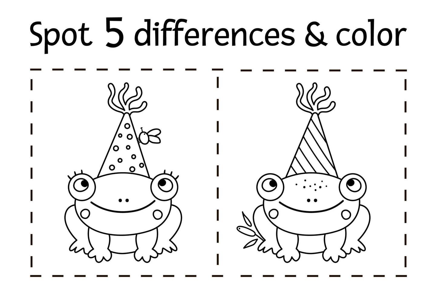 Birthday party find differences and color game for children. Anniversary black and white educational activity with funny frog in party hat and fly. Printable worksheet with smiling character. vector