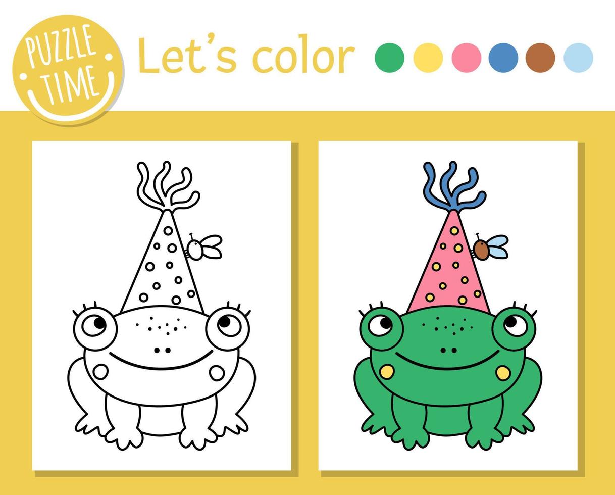 Birthday coloring page for children. Funny frog in party hat. Vector holiday outline illustration with cute animal. Party color book for kids with colored example