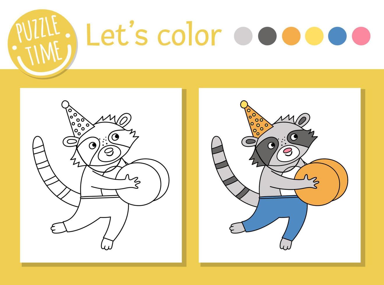 Birthday coloring page for children. Funny raccoon in party hat with cymbals. Vector holiday outline illustration with cute animal. Party color book for kids with colored example