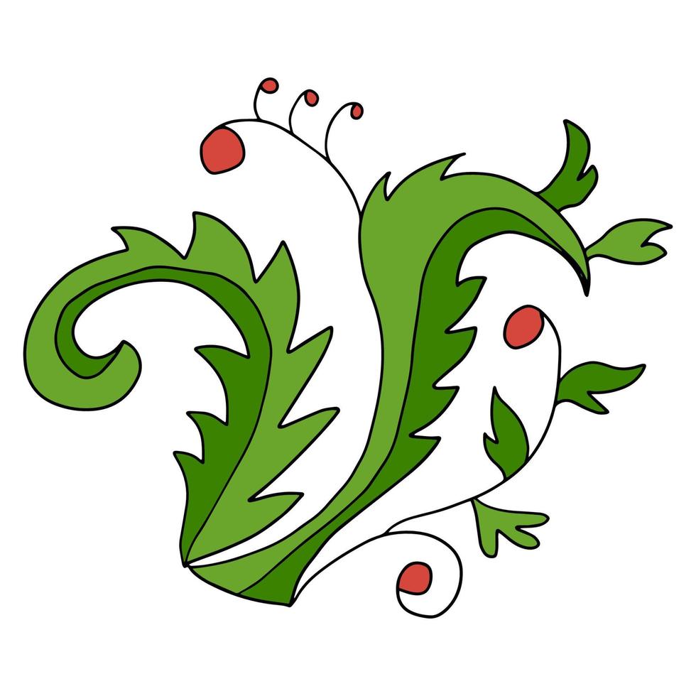 separador floral de dibujos animados de fideos abstractos aislado sobre fondo blanco. brotes con hojas y bayas. vector