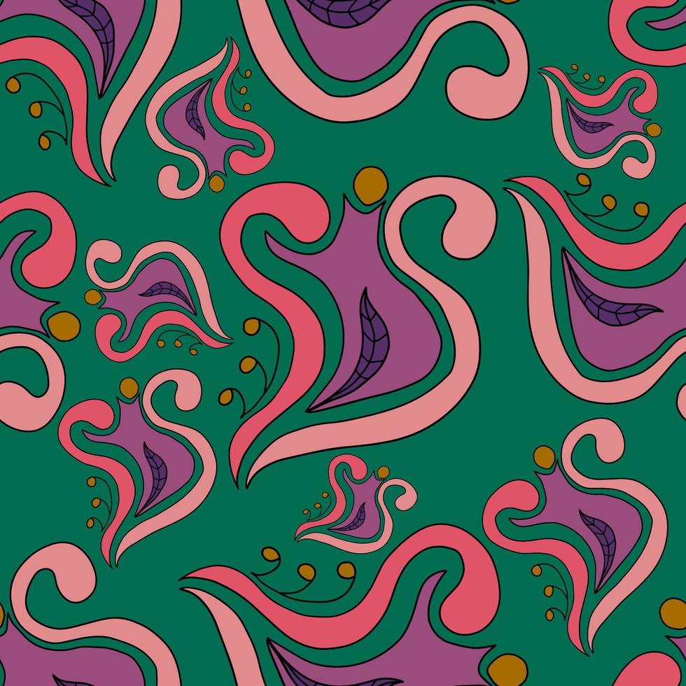 Abstract colorful doodle flower with curls seamless pattern. Fantasy floral background. vector