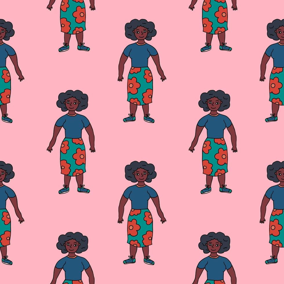 Doodle young fat African American lady in skirt with flowers seamless pattern. Body Positive concept background. vector