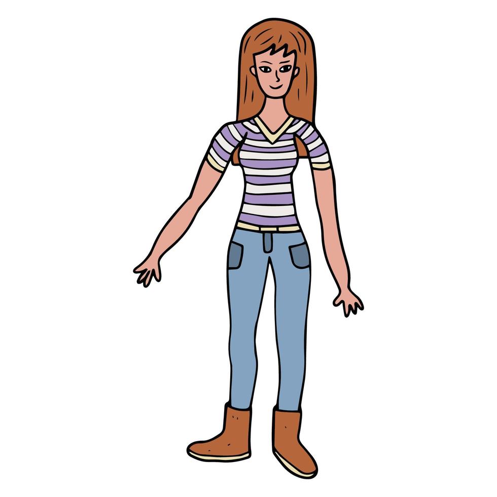 Doodle feliz jovencita en camiseta a rayas, jeans ajustados y botas aisladas sobre fondo blanco. vector