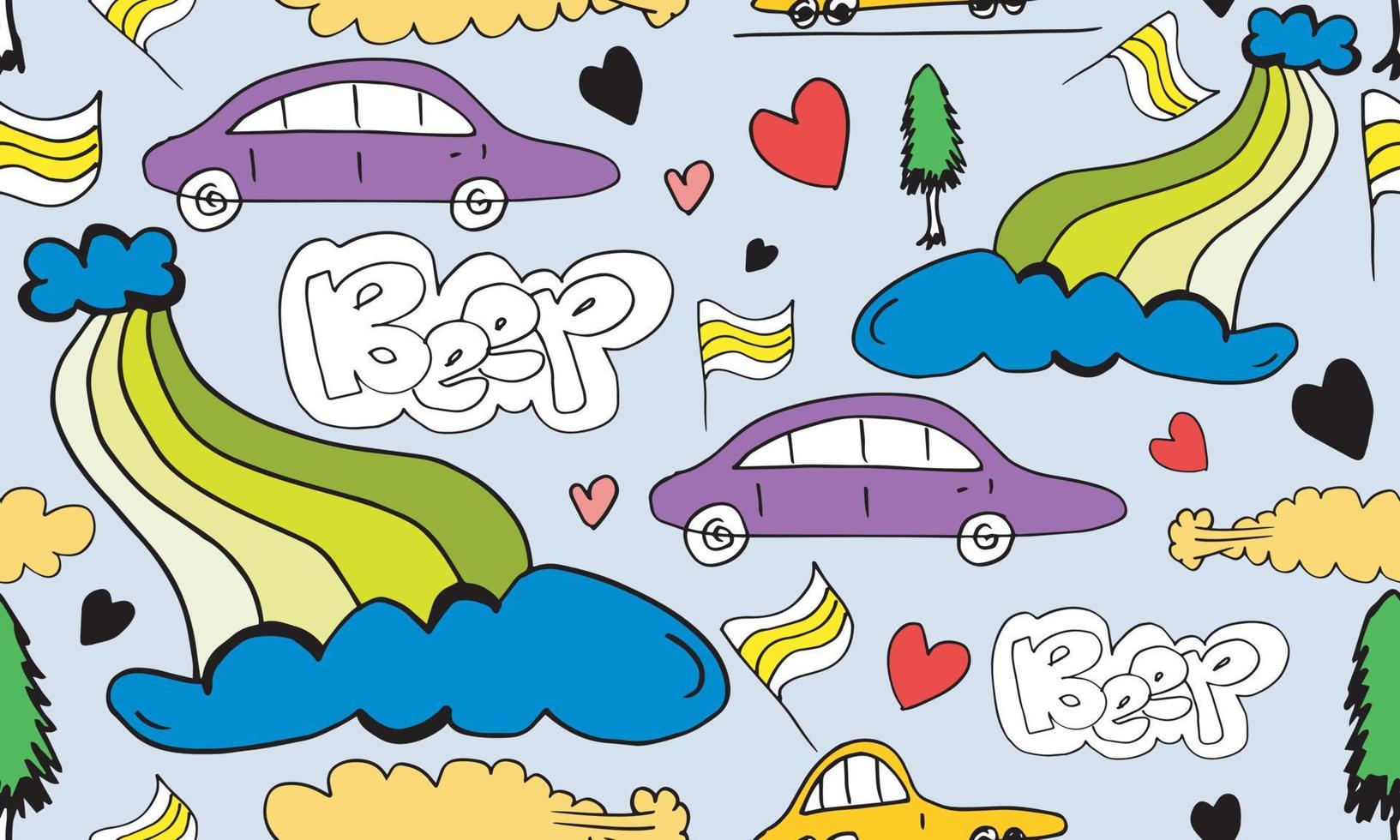 Cartoon Transportation Background for Kids with doodle Toy Cars and Nature with beep text ,cloud,rainbow and Trees. vector