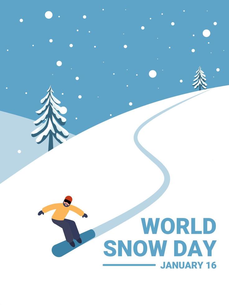 Vector illustration, snowboarding down a snowy hill, as a banner or poster, world snow day.