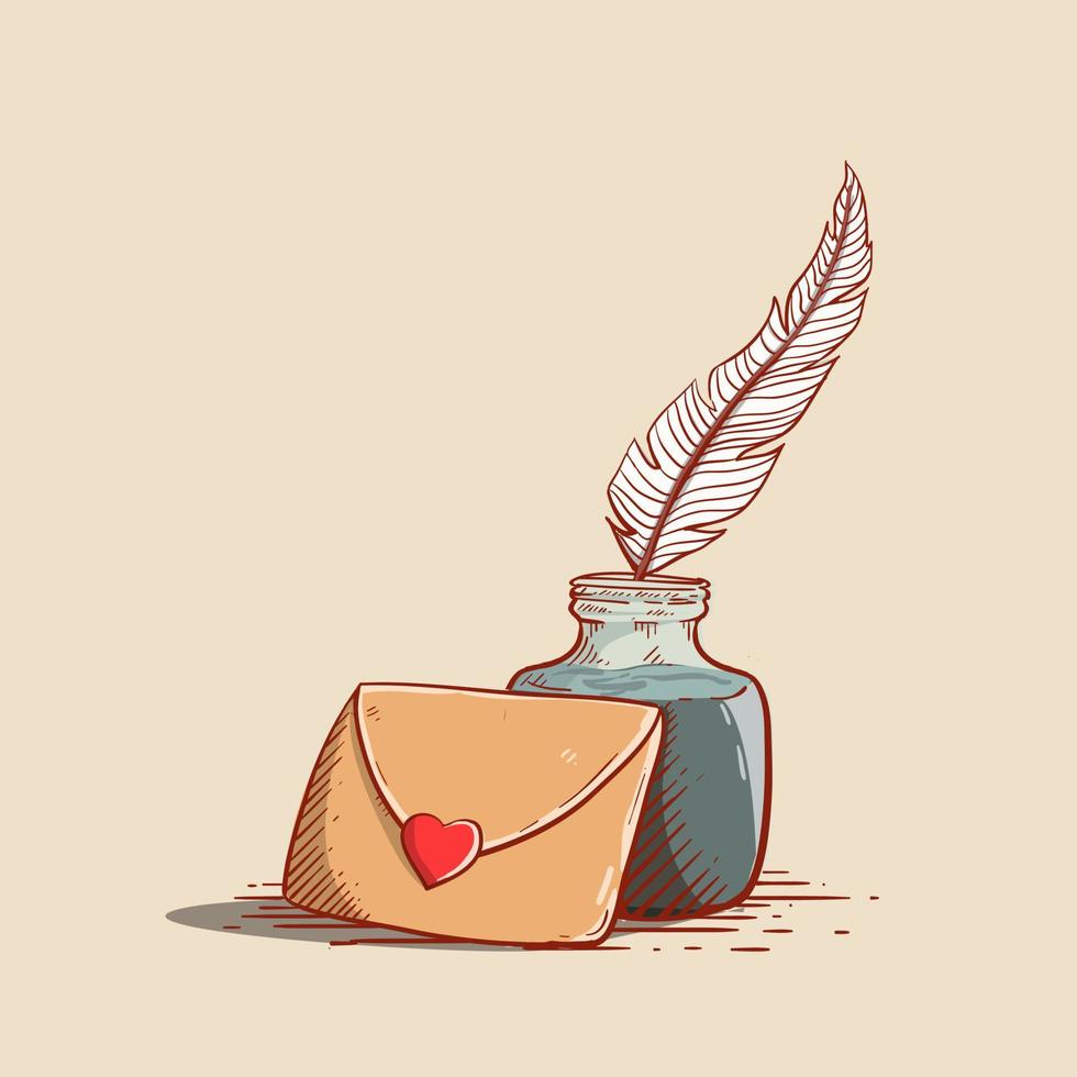 Cute envelope  icon with feather inkin engraving style Free Vector