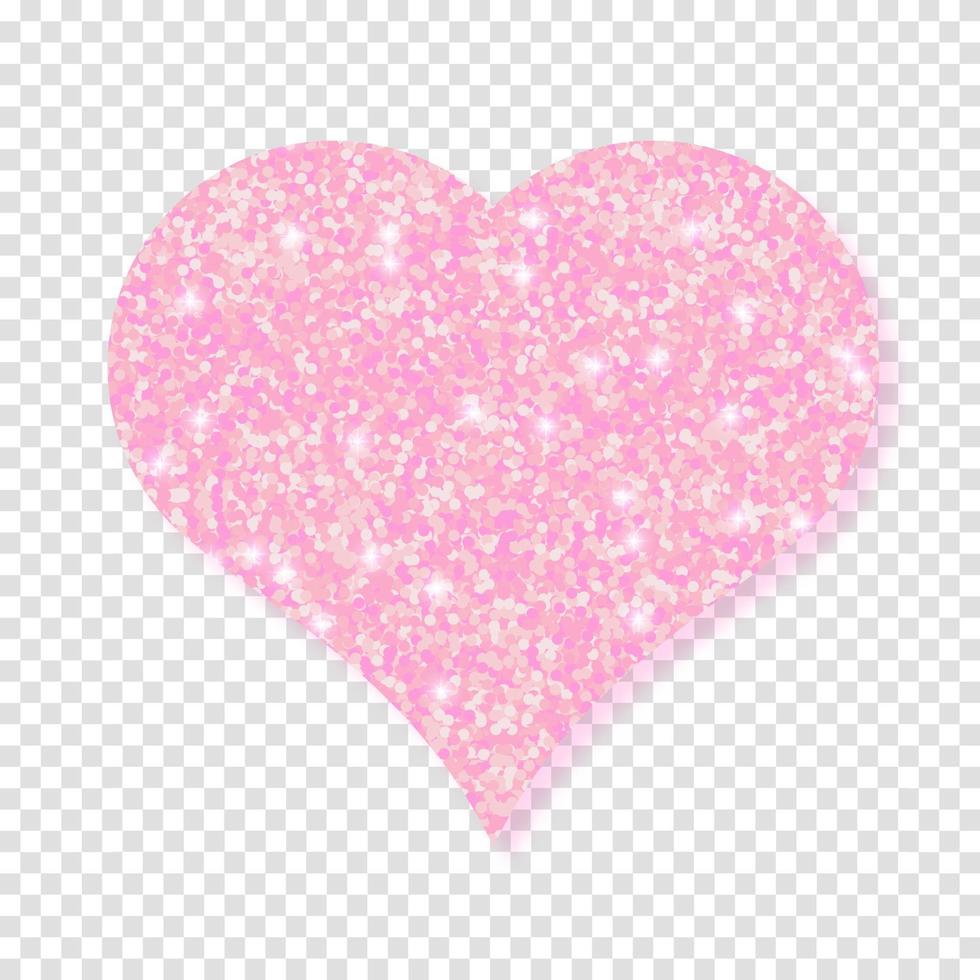 Pink shiny glitter glowing heart with shadow isolated background. Vector illustration