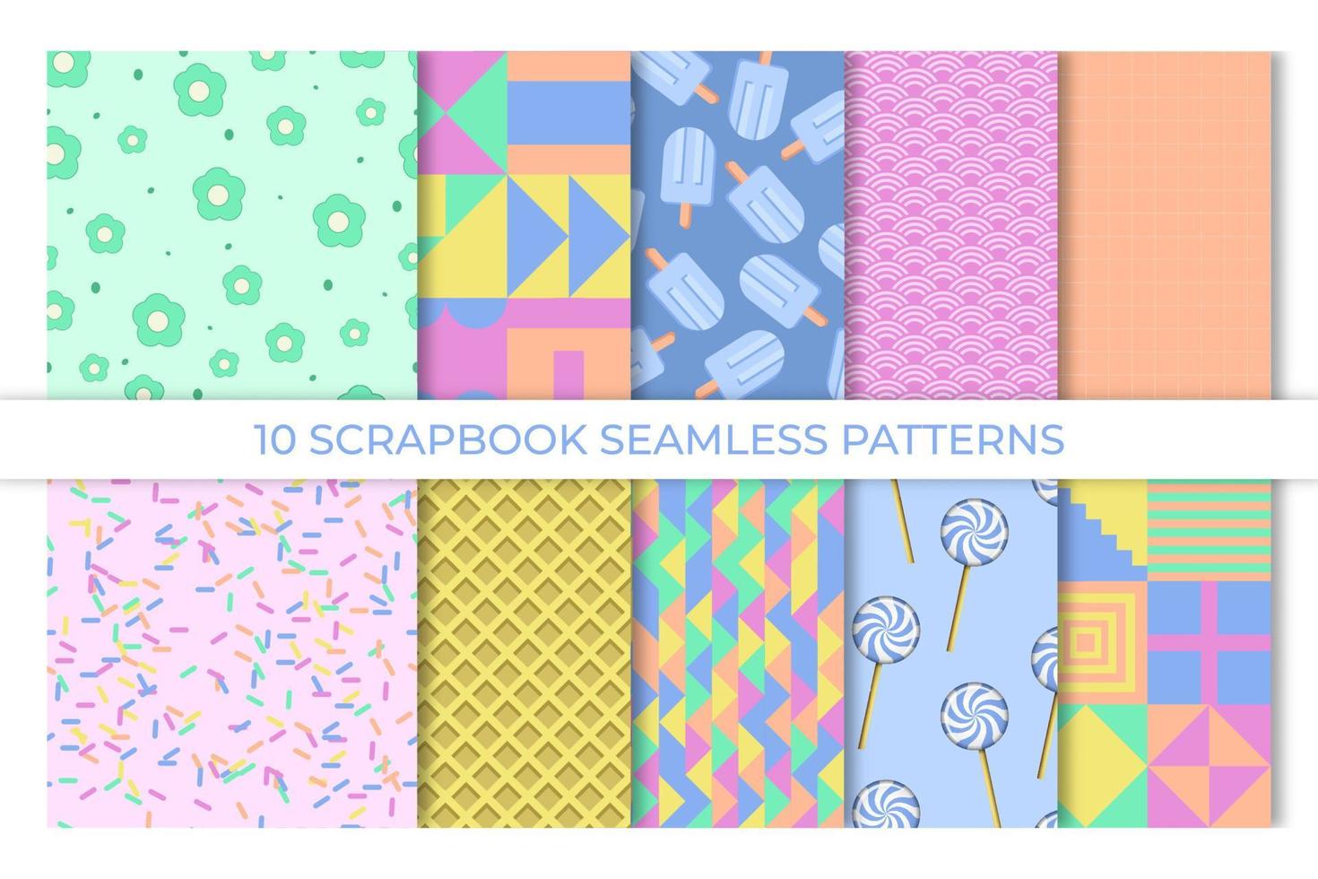 Scrapbook background, seamless pattern. Vector illustration. Cute paper for scrap design. Chic print with heart, polka dot, stripe, fruit. Trendy modern texture. Color illustration. Geometric backdrop