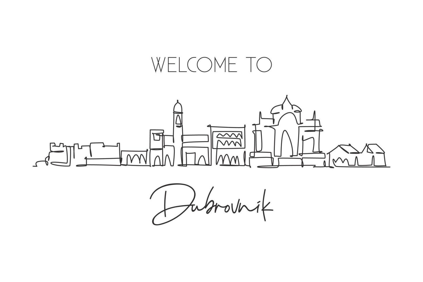 One continuous line drawing of Dubrovnik city skyline, Croatia. Beautiful landmark. World landscape tourism travel vacation poster. Editable stylish stroke single line draw design vector illustration