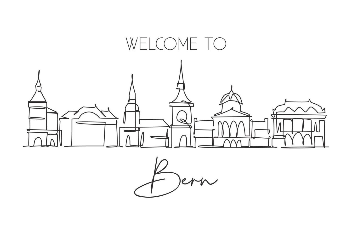 One continuous line drawing of Bern city skyline, Switzerland. Beautiful city skyscraper postcard. World landscape tourism travel wall decor poster. Stylish single line draw design vector illustration