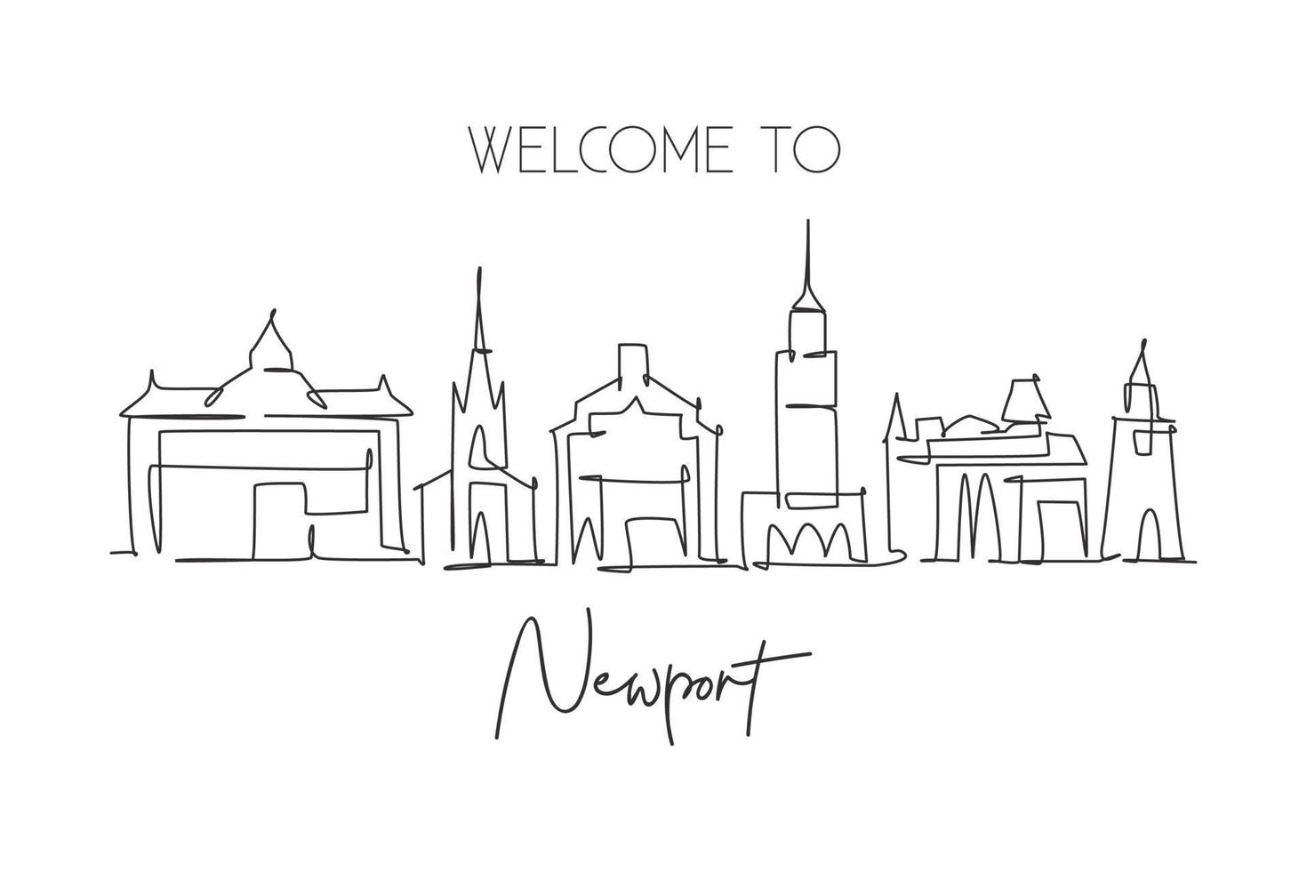 One single line drawing of Newport city skyline, Wales. Historical town landscape. Best holiday destination home wall decor poster print art. Trendy continuous line draw design vector illustration