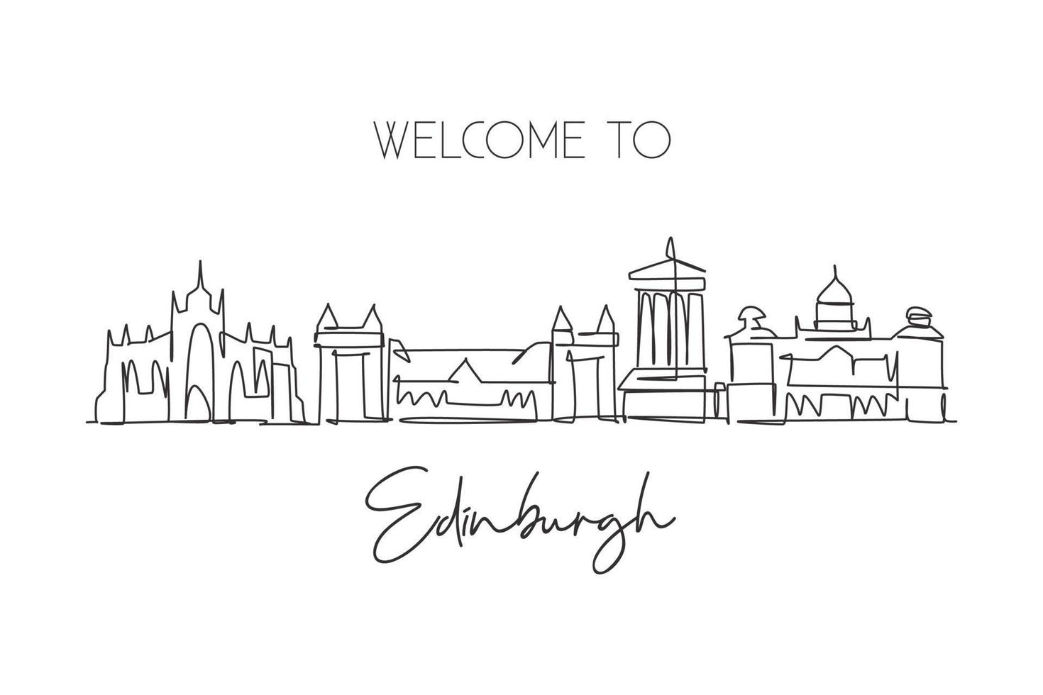 One continuous line drawing of Edinburgh city skyline, Scotland. Beautiful landmark. World landscape tourism and travel vacation. Editable stylish stroke single line draw design vector illustration