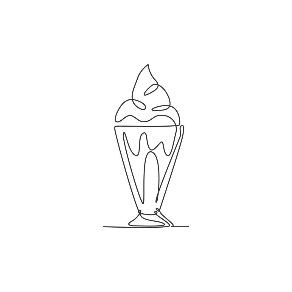 One continuous line drawing of fresh delicious sweet milkshake restaurant logo emblem. Healthy drink cafe shop logotype template graphic concept. Modern single line draw design vector art illustration