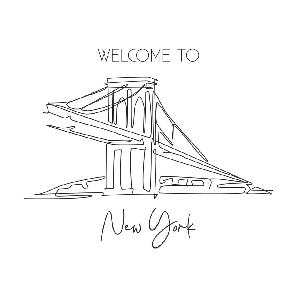 One continuous line drawing Brooklyn Bridge landmark. World beauty iconic place in New York, USA. Home wall decor art poster print concept. Modern single line draw design vector graphic illustration