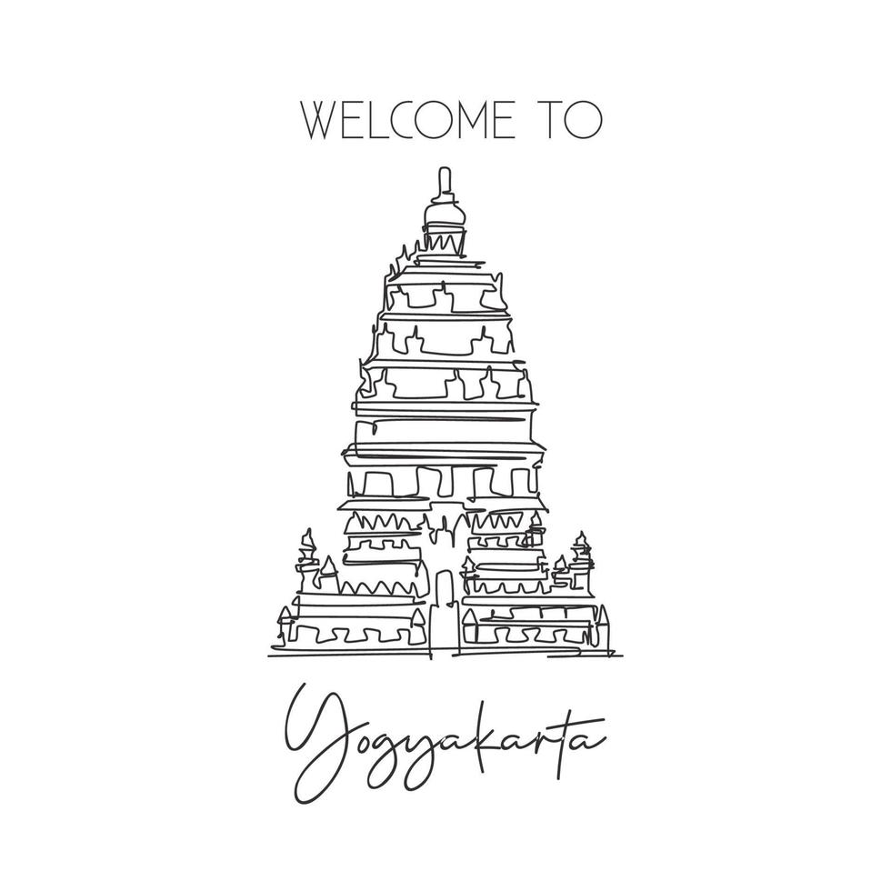 One continuous line drawing Prambanan Temple landmark. World iconic place in Jogjakarta, Indonesia. Holiday vacation wall decor poster print concept. Modern single line draw design vector illustration