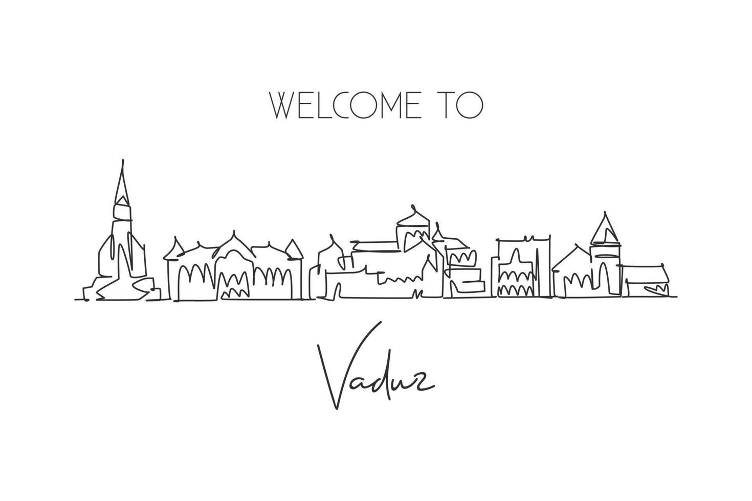 Single continuous line drawing Vaduz skyline, Liechtenstein. Famous city scraper landscape home decor poster print. World travel destination concept. Modern one line draw design vector illustration