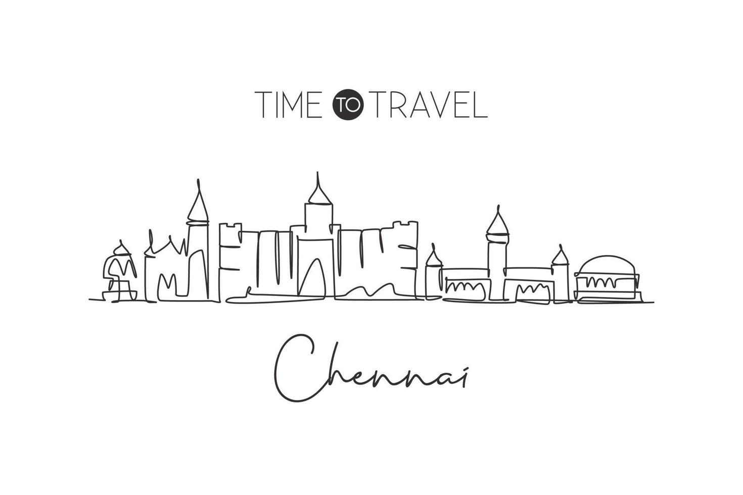 One continuous line drawing of Chennai city skyline, India. Beautiful city landmark print. World landscape tourism travel vacation. Editable stylish single line draw design vector graphic illustration