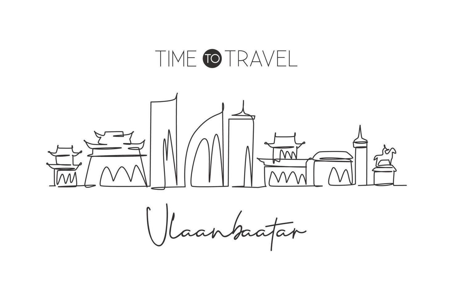Single continuous line drawing of Ulaanbaatar city skyline, Mongolia. Famous city landscape home wall decor art poster print. World travel concept. Modern one line draw design vector illustration