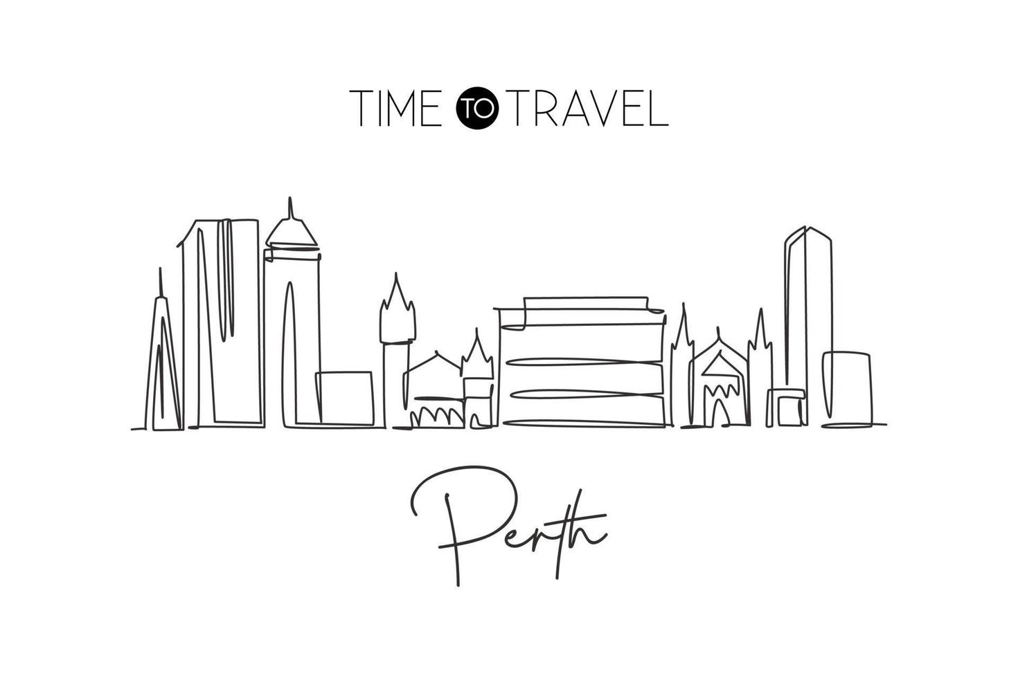 One continuous line drawing of Perth city skyline, Australia. Beautiful landmark. World landscape tourism travel vacation poster. Editable stylish stroke single line draw design vector illustration