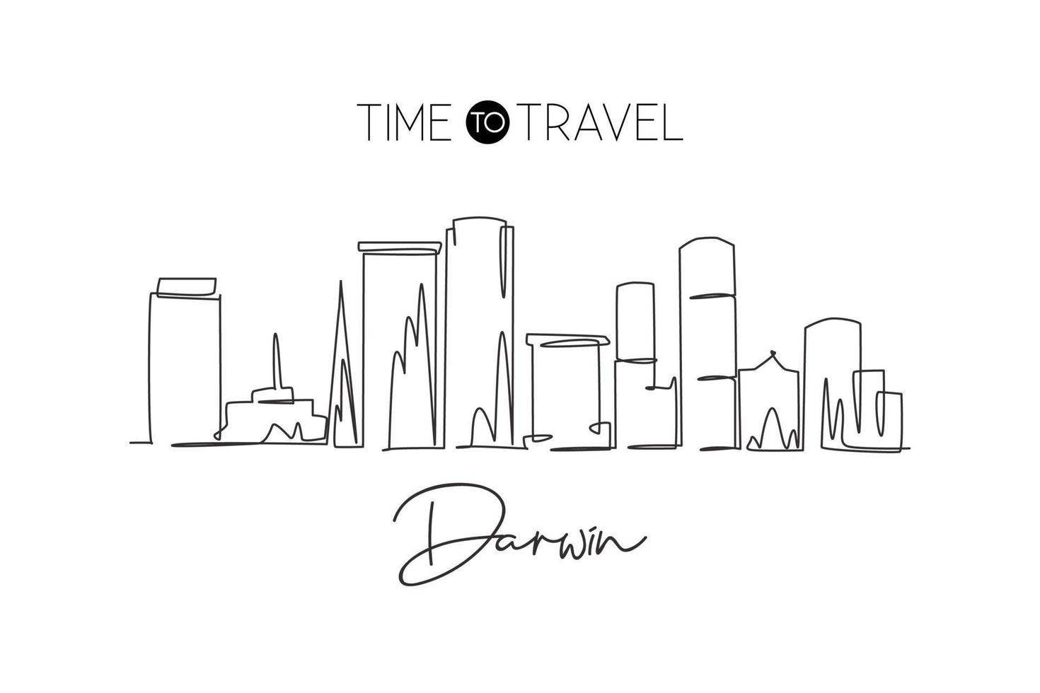 Single continuous line drawing Darwin city skyline, Australia. Famous city scraper and landscape. World travel concept home wall decor art poster print. Modern one line draw design vector illustration