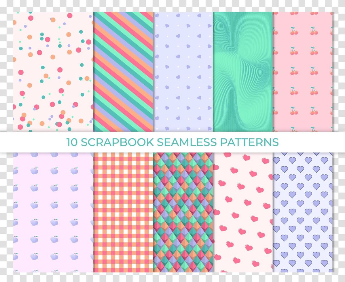 Scrapbook background, seamless pattern. Vector illustration. Cute paper for scrap design. Chic print with heart, polka dot, stripe, fruit. Trendy modern texture. Color illustration. Geometric backdrop