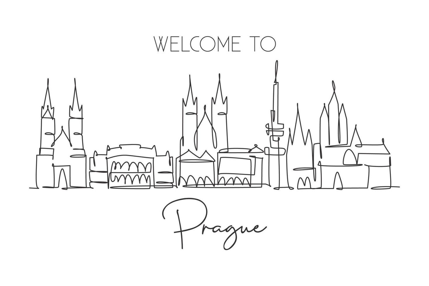 One continuous line drawing of Prague city skyline, Czech Republic. Beautiful landmark. World landscape tourism and travel vacation. Editable stylish stroke single line draw design vector illustration