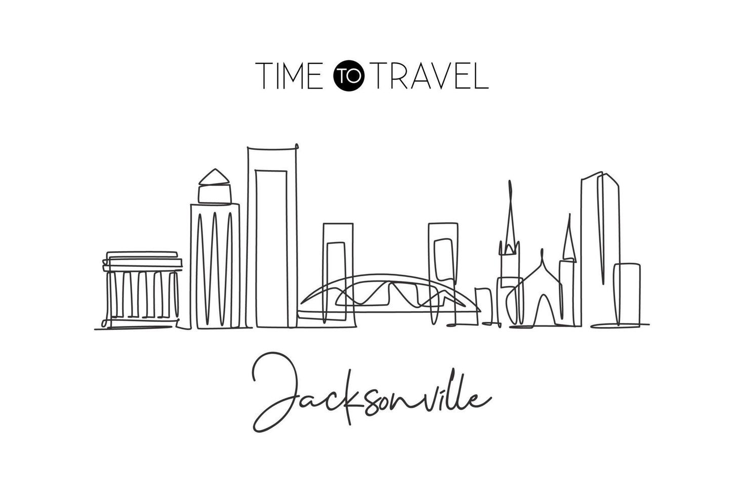 One single line drawing of Jacksonville city skyline, USA. Historical town landscape in world. Best holiday destination poster. Editable stroke trendy continuous line draw design vector illustration