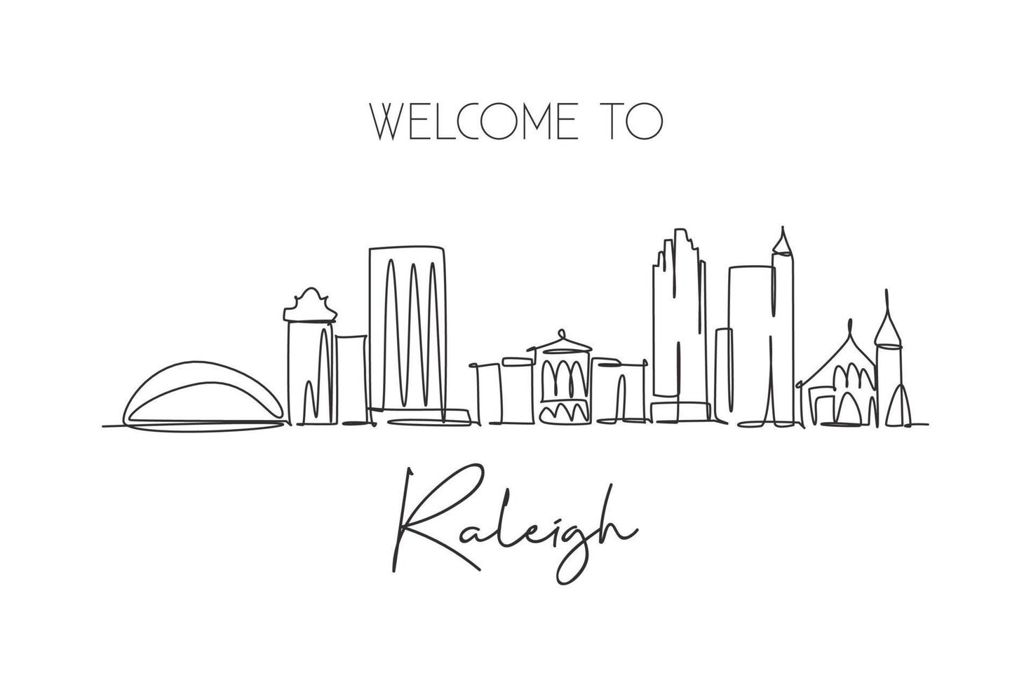 One single line drawing of Raleigh city skyline, United States. Historical town landscape. Best holiday destination wall decor vector