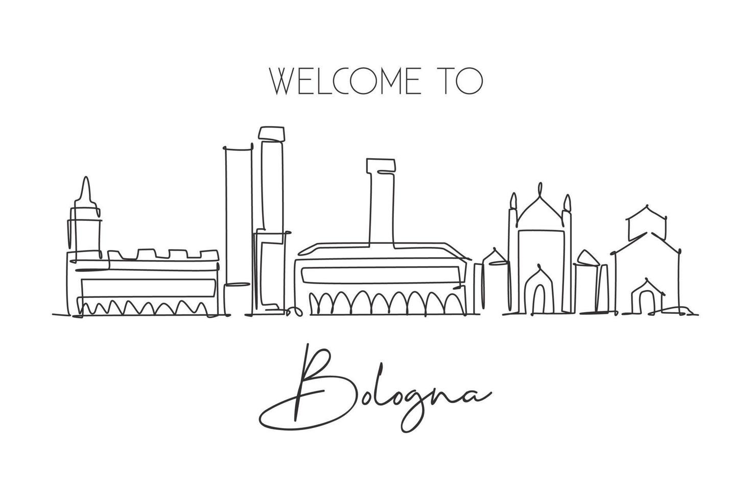 One continuous line drawing of Bologna city skyline, Italy. Beautiful skyscraper. World landscape tourism travel vacation wall decor print concept. Stylish single line draw design vector illustration