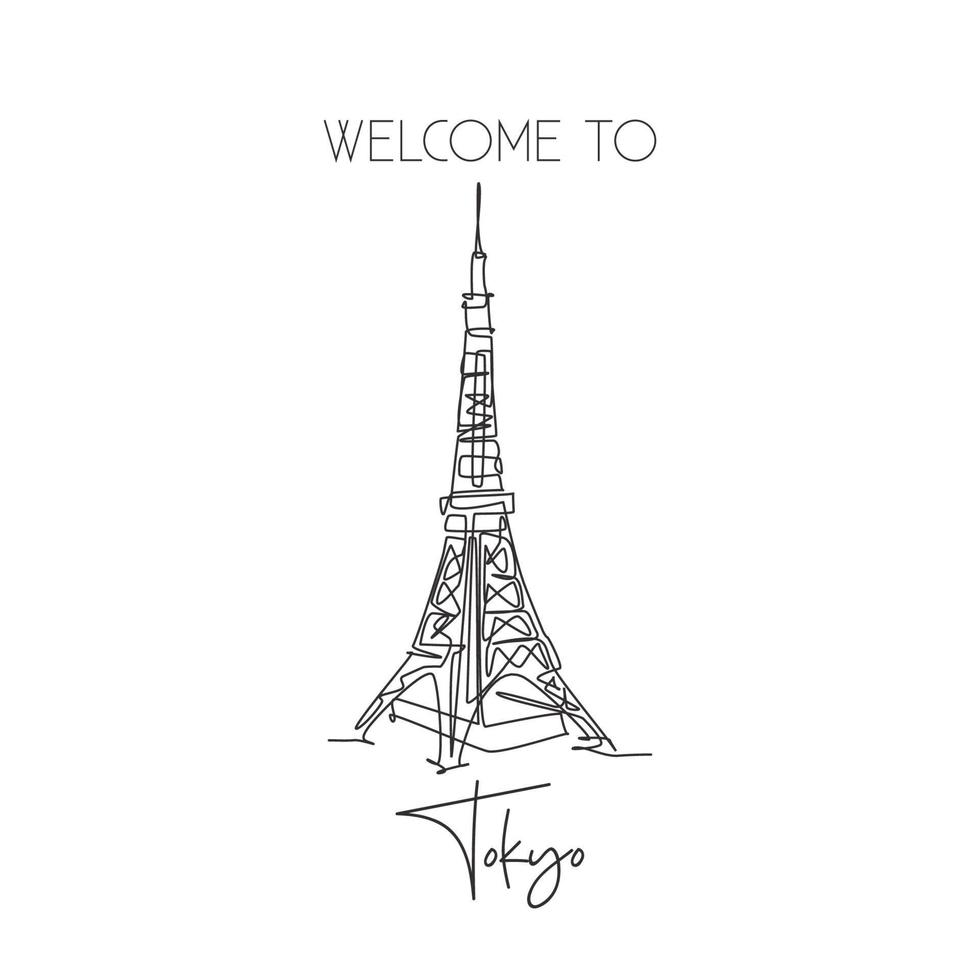 Single continuous line drawing Tokyo Tower landmark. Beauty iconic place in Tokyo, Japan. World travel home wall decor art poster print concept. Vector illustration