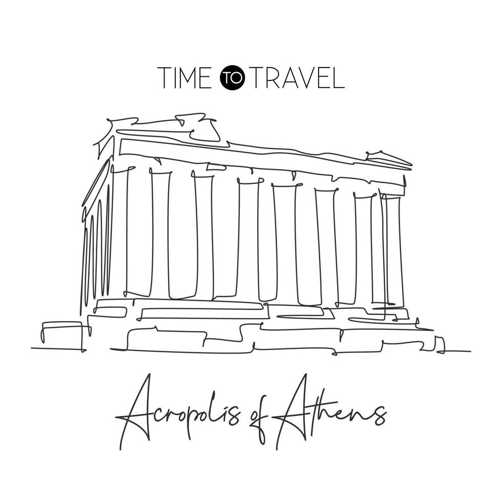 One continuous line drawing Acropolis landmark. Old historical city building in Athens, Greek. Holiday vacation wall decor art poster print concept. Modern single line draw design vector illustration